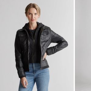 Quince Black Leather Hooded Jacket Black Large As is